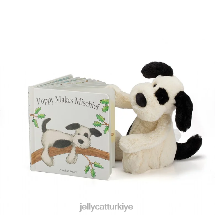 kitap Jellycat köpek yavrusu yaramazlık kitabı yapıyor ve utangaç köpek yavrusu siyah beyaz JNF4L747
