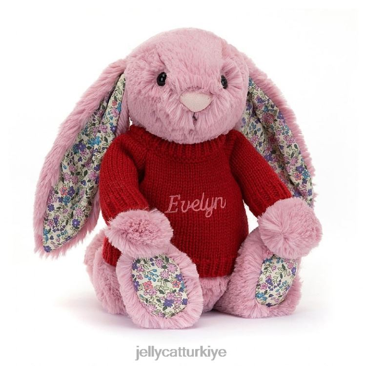 oyuncak Jellycat kişiselleştirilmiş kırmızı kazak pembesi ile çiçek lale tavşanı JNF4L430