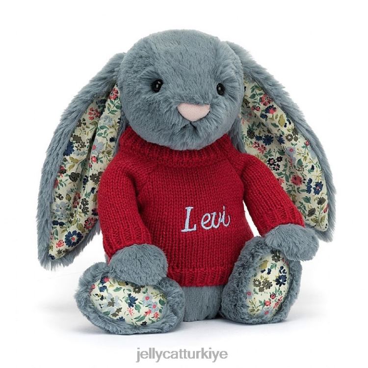 oyuncak Jellycat kişiselleştirilmiş kırmızı kazaklı mavi çiçekli esmer tavşan JNF4L474