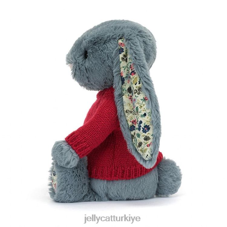 oyuncak Jellycat kişiselleştirilmiş kırmızı kazaklı mavi çiçekli esmer tavşan JNF4L474