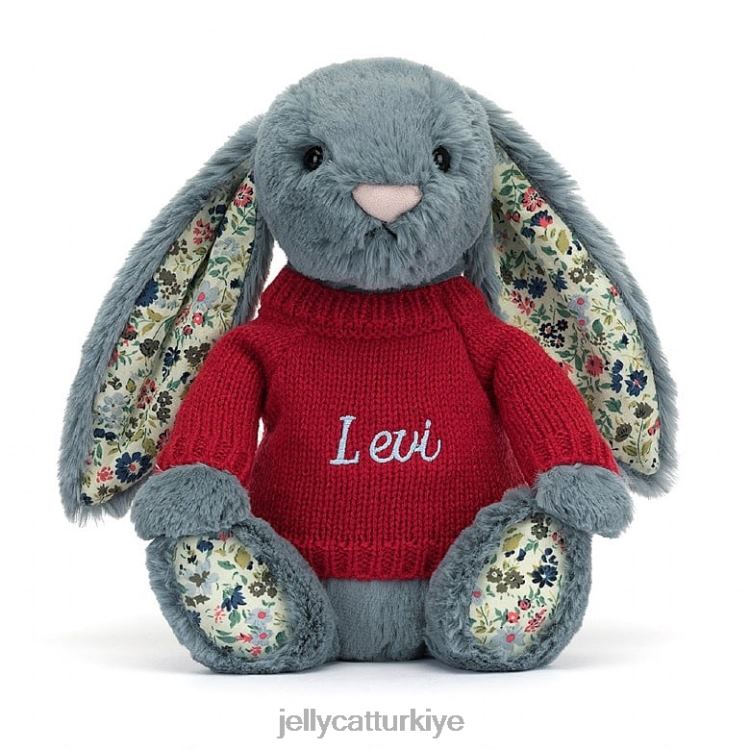 oyuncak Jellycat kişiselleştirilmiş kırmızı kazaklı mavi çiçekli esmer tavşan JNF4L474