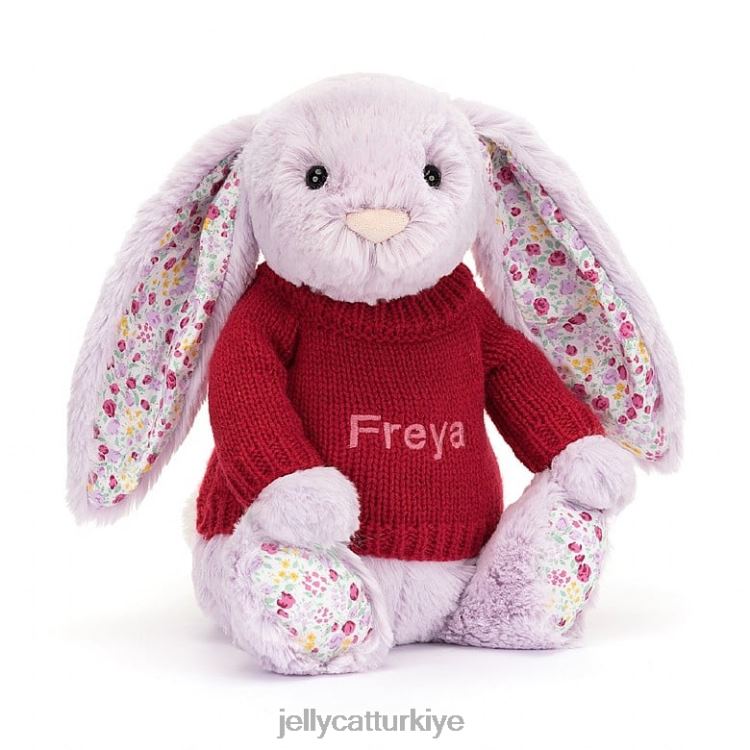 oyuncak Jellycat kişiselleştirilmiş kırmızı kazaklı mor çiçekli yasemin tavşanı JNF4L399