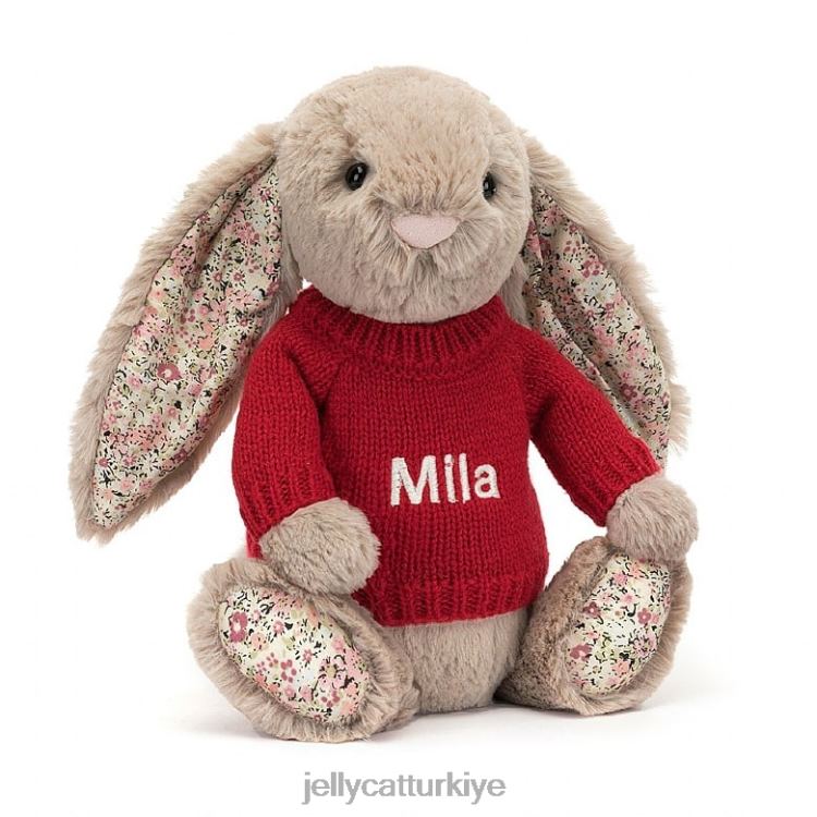 oyuncak Jellycat kişiye özel kırmızı kazaklı bej çiçekli tavşan JNF4L334