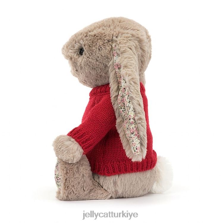 oyuncak Jellycat kişiye özel kırmızı kazaklı bej çiçekli tavşan JNF4L334