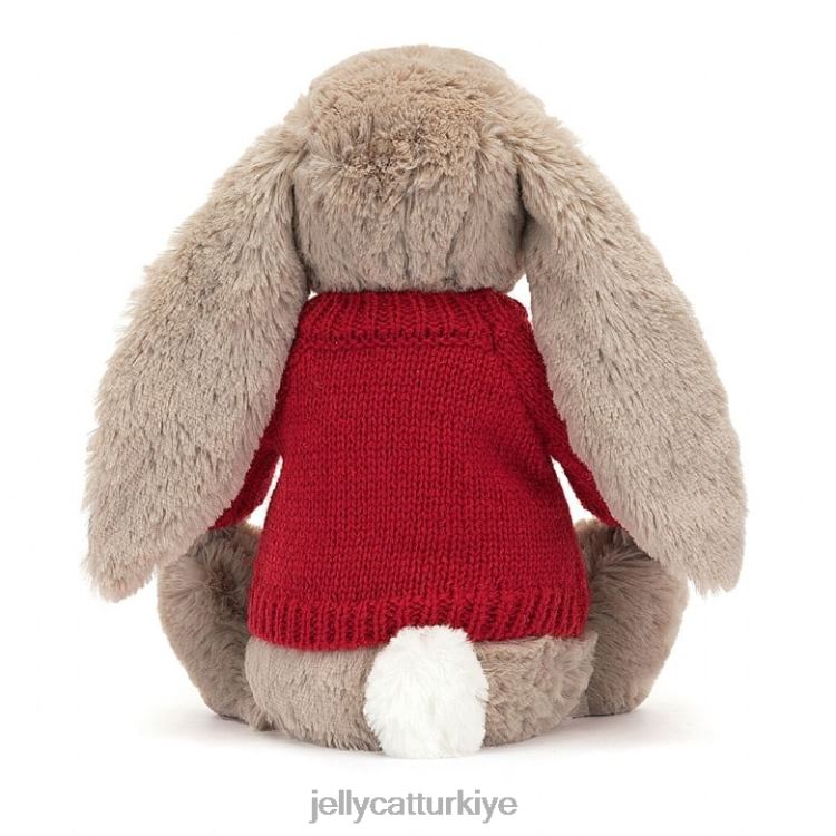 oyuncak Jellycat kişiye özel kırmızı kazaklı bej çiçekli tavşan JNF4L334