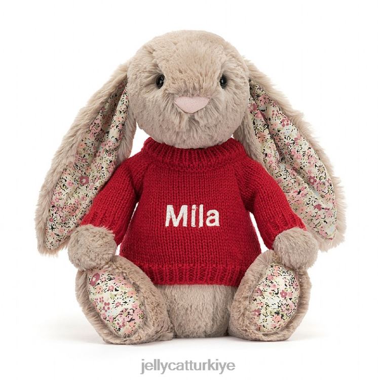 oyuncak Jellycat kişiye özel kırmızı kazaklı bej çiçekli tavşan JNF4L334