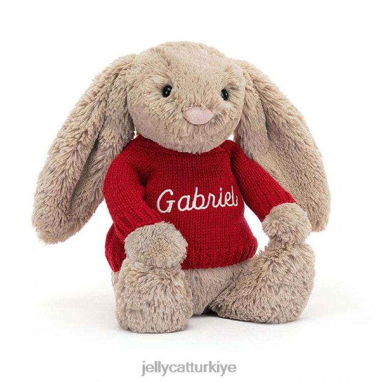 oyuncak Jellycat kişiye özel bej kırmızı kazaklı utangaç tavşan JNF4L178