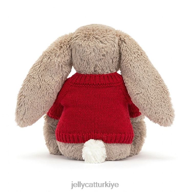 oyuncak Jellycat kişiye özel bej kırmızı kazaklı utangaç tavşan JNF4L178
