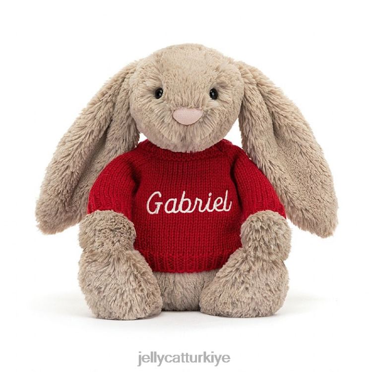 oyuncak Jellycat kişiye özel bej kırmızı kazaklı utangaç tavşan JNF4L178