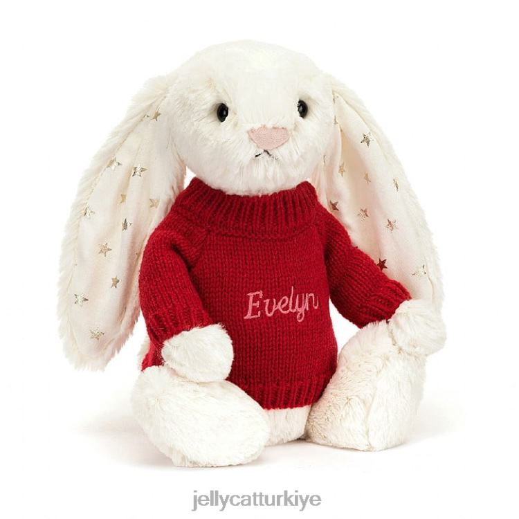 oyuncak Jellycat kişiye özel kırmızı kazak kremalı utangaç pırıltılı tavşan JNF4L213
