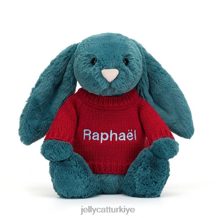 oyuncak Jellycat kişiye özel kırmızı kazaklı kolbalt mavisi ile utangaç mineral mavisi tavşan JNF4L415