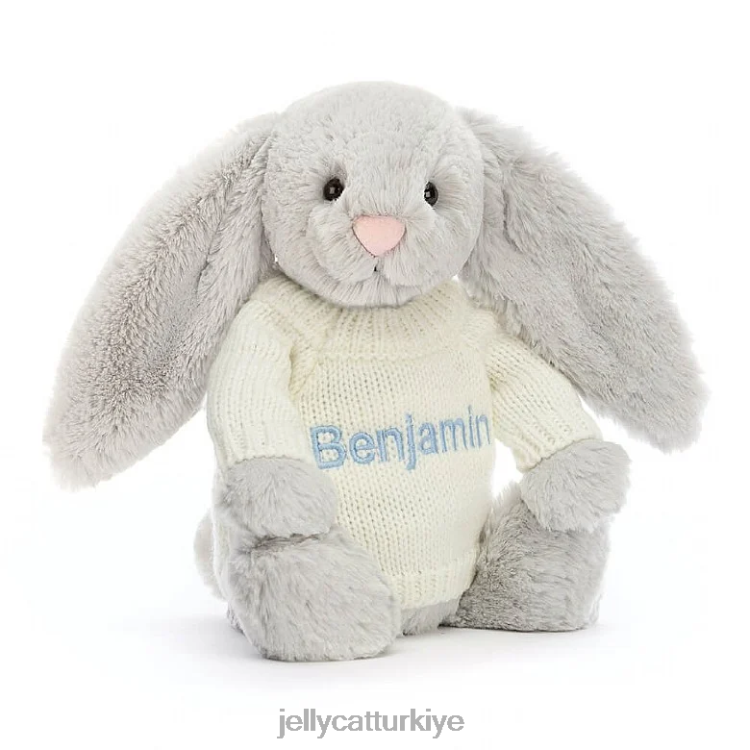 oyuncak Jellycat kişiye özel krem ​​rengi gümüş rengi kazaklı utangaç tavşan JNF4L371