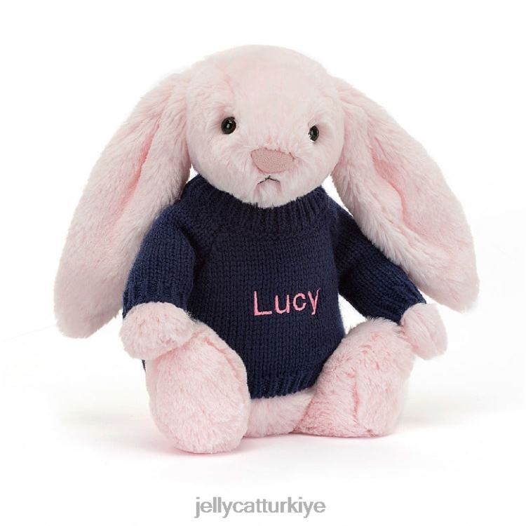 oyuncak Jellycat kişiye özel lacivert kazaklı bebek pembesi utangaç pembe tavşan JNF4L398