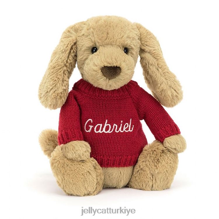 oyuncak Jellycat kişiselleştirilmiş bej kırmızı kazaklı utangaç şekerleme köpek yavrusu JNF4L158
