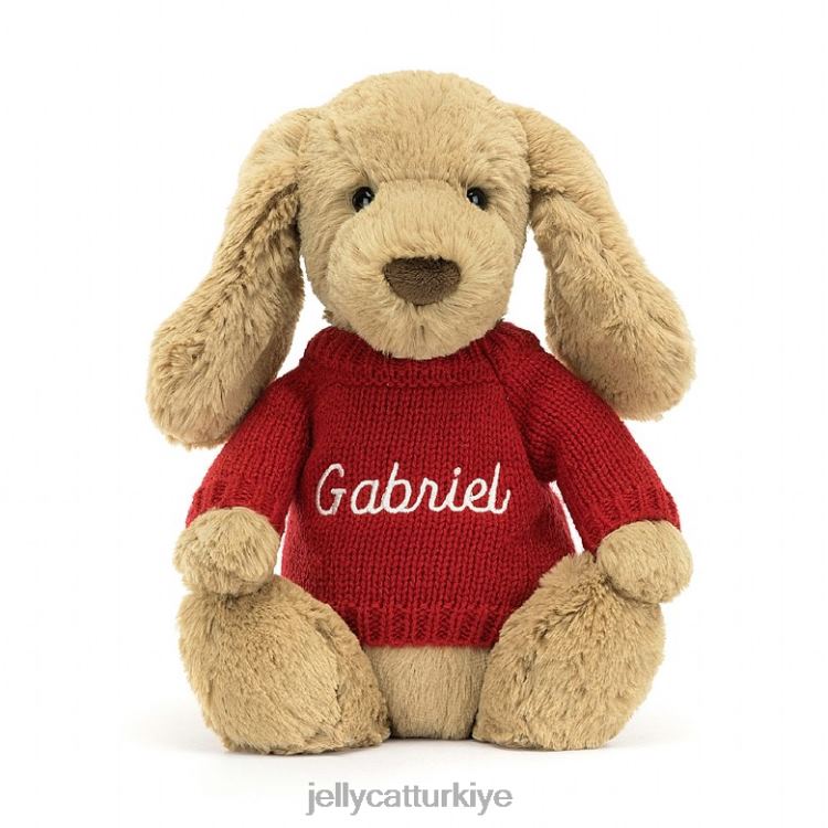oyuncak Jellycat kişiselleştirilmiş bej kırmızı kazaklı utangaç şekerleme köpek yavrusu JNF4L158