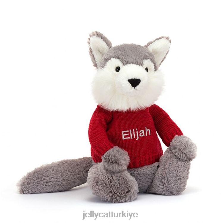 oyuncak Jellycat kişiselleştirilmiş kırmızı kazak gri ve beyaz ile utangaç kurt JNF4L241