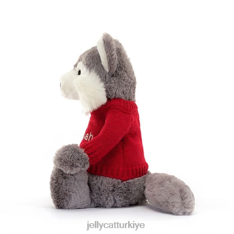 oyuncak Jellycat kişiselleştirilmiş kırmızı kazak gri ve beyaz ile utangaç kurt JNF4L241