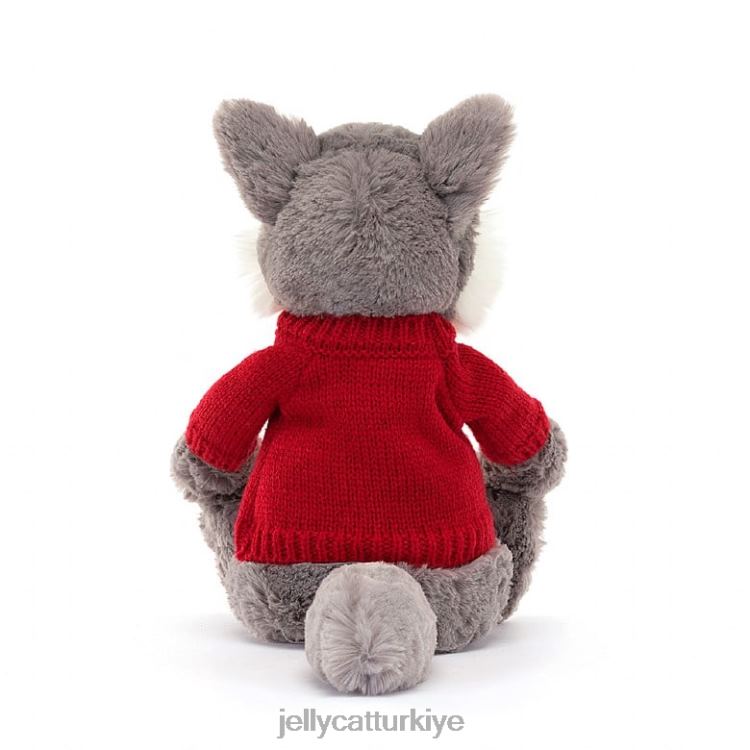 oyuncak Jellycat kişiselleştirilmiş kırmızı kazak gri ve beyaz ile utangaç kurt JNF4L241