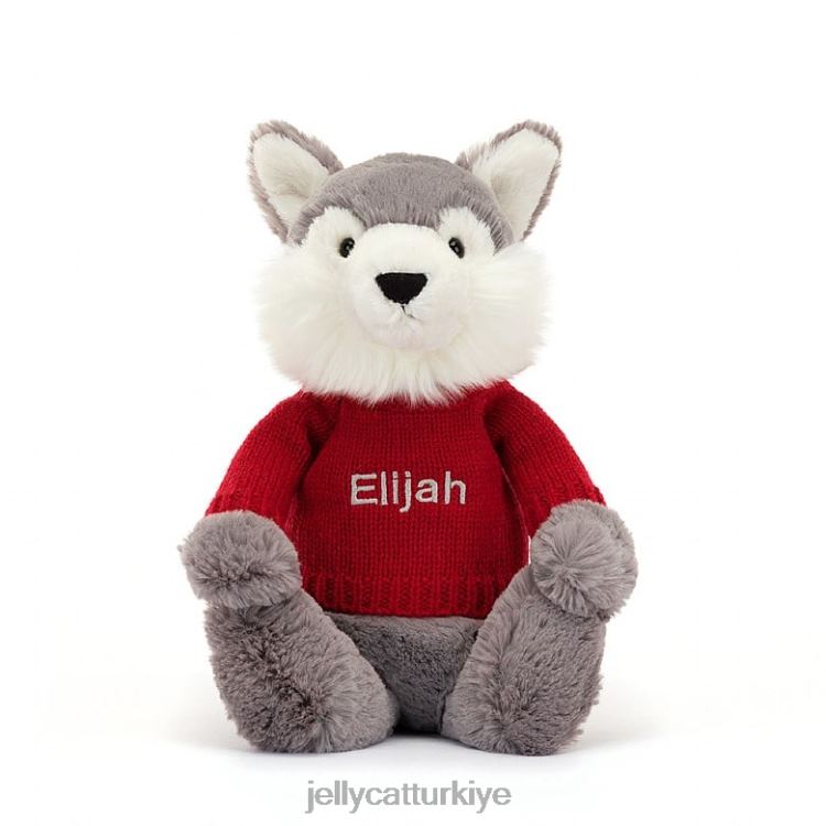 oyuncak Jellycat kişiselleştirilmiş kırmızı kazak gri ve beyaz ile utangaç kurt JNF4L241