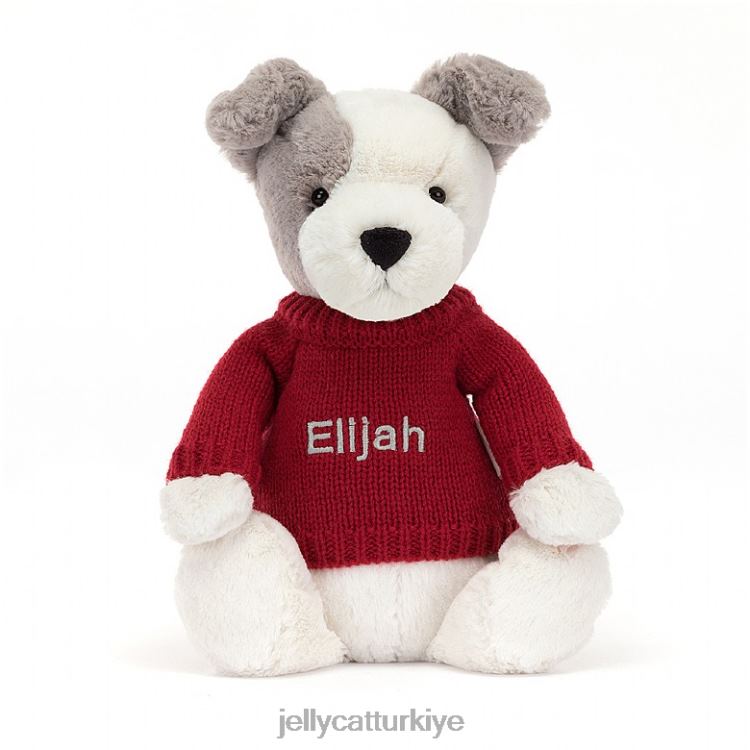 oyuncak Jellycat kişiselleştirilmiş kırmızı kazak gri ve beyaz ile utangaç terrier JNF4L515