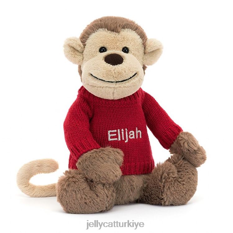 oyuncak Jellycat kişiselleştirilmiş kırmızı kazaklı kahverengi utangaç maymun JNF4L189