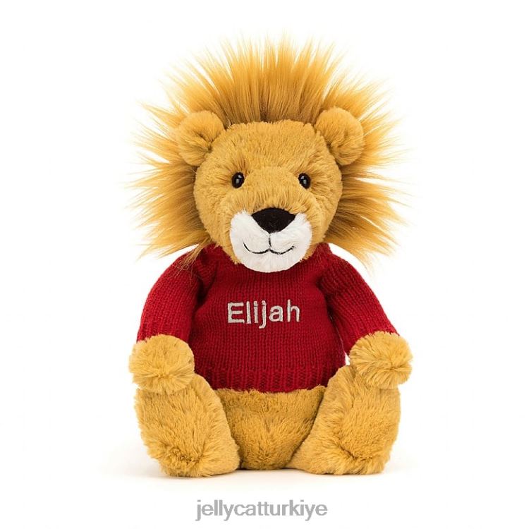 oyuncak Jellycat kişiselleştirilmiş kırmızı kazaklı sarı utangaç aslan JNF4L546