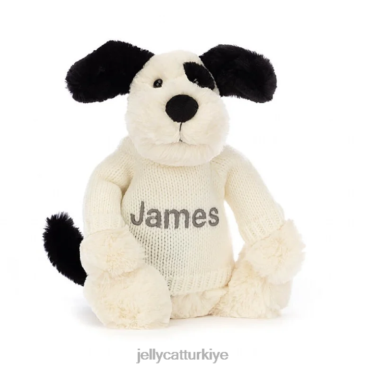 oyuncak Jellycat kişiselleştirilmiş krem ​​rengi kazaklı siyah ve beyaz utangaç siyah & krem ​​köpek yavrusu JNF4L256