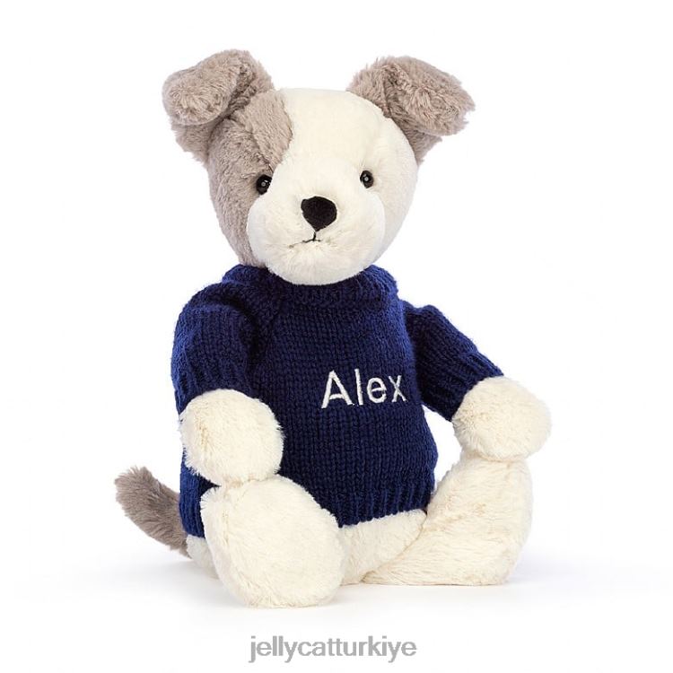 oyuncak Jellycat kişiselleştirilmiş lacivert kazak gri ve beyaz ile utangaç terrier JNF4L516