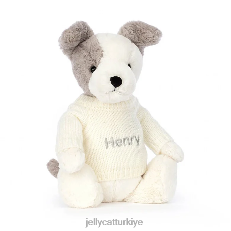 oyuncak Jellycat kişiye özel krem ​​rengi gri ve beyaz kazaklı utangaç terrier JNF4L521